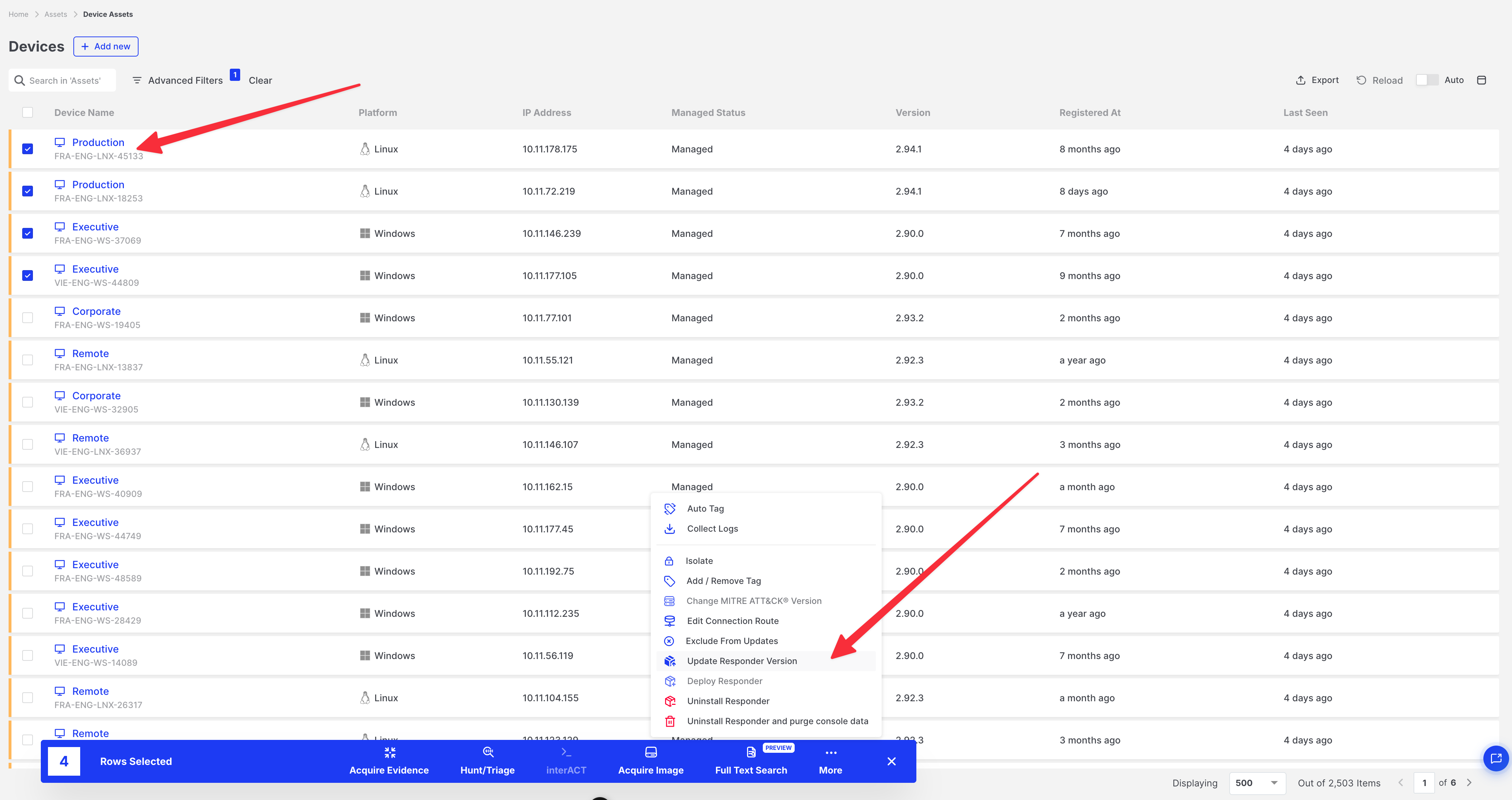 How do I update Responders on assets: Bulk Update Responder Version action
